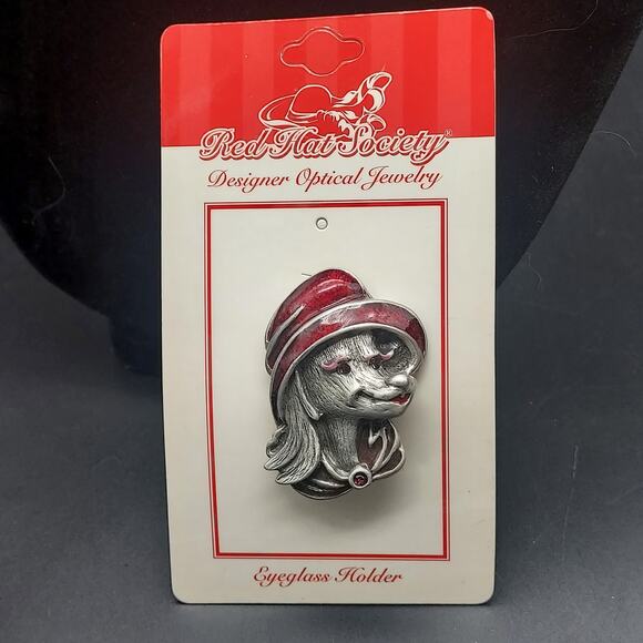 Esther Fuhrman Jewelry - Dog in Hat Brooch Red Hat Society Eye Glass Holder NOS